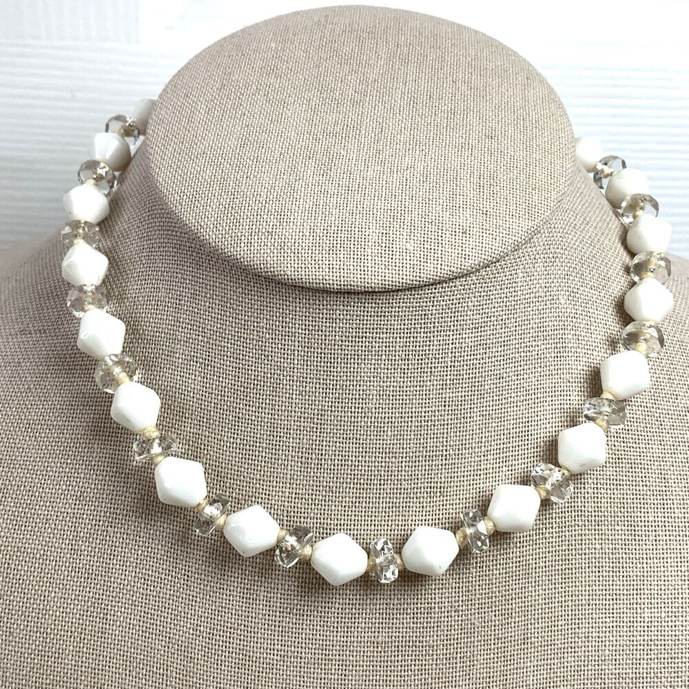 Vintage West Germany White Acrylic Bead Necklace Glass Faceted Spacers 1960s MCM